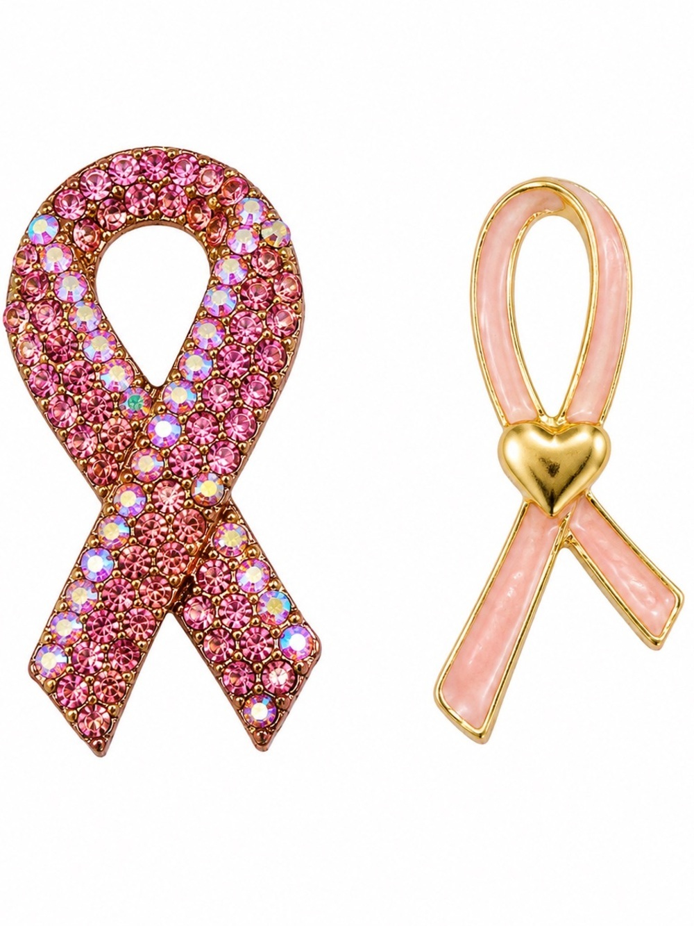 Pink Ribbon Breast Cancer Awareness Brooch & Avon Pin Set Rhinestone Gold Tone